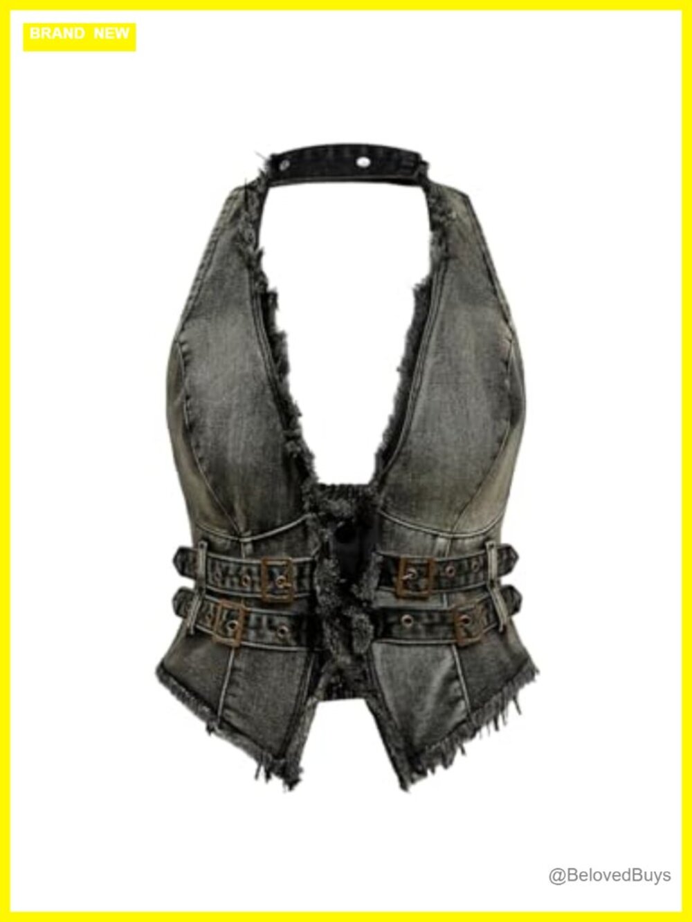 Plus Size Denim Halter Crop Top Frayed Buckle Backless Punk Festival Top